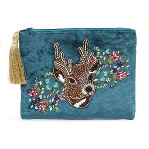 81545 Teal Embroidered Stag Velvet Purse By Pom