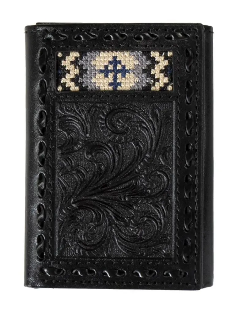 Black Leather Cross Inlay Trifold Wallet