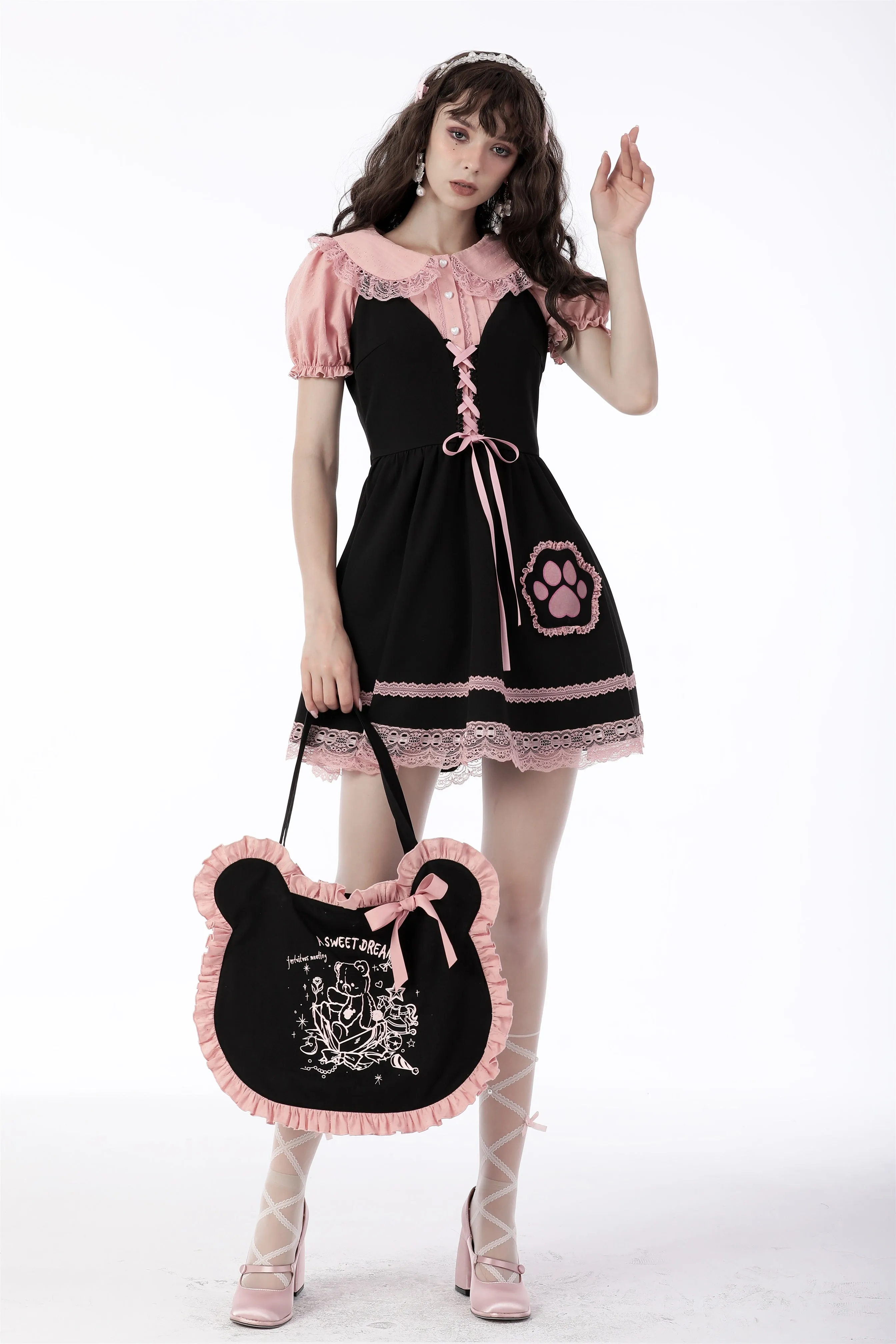 Black pink adventures of little bear ear handbag ABG004