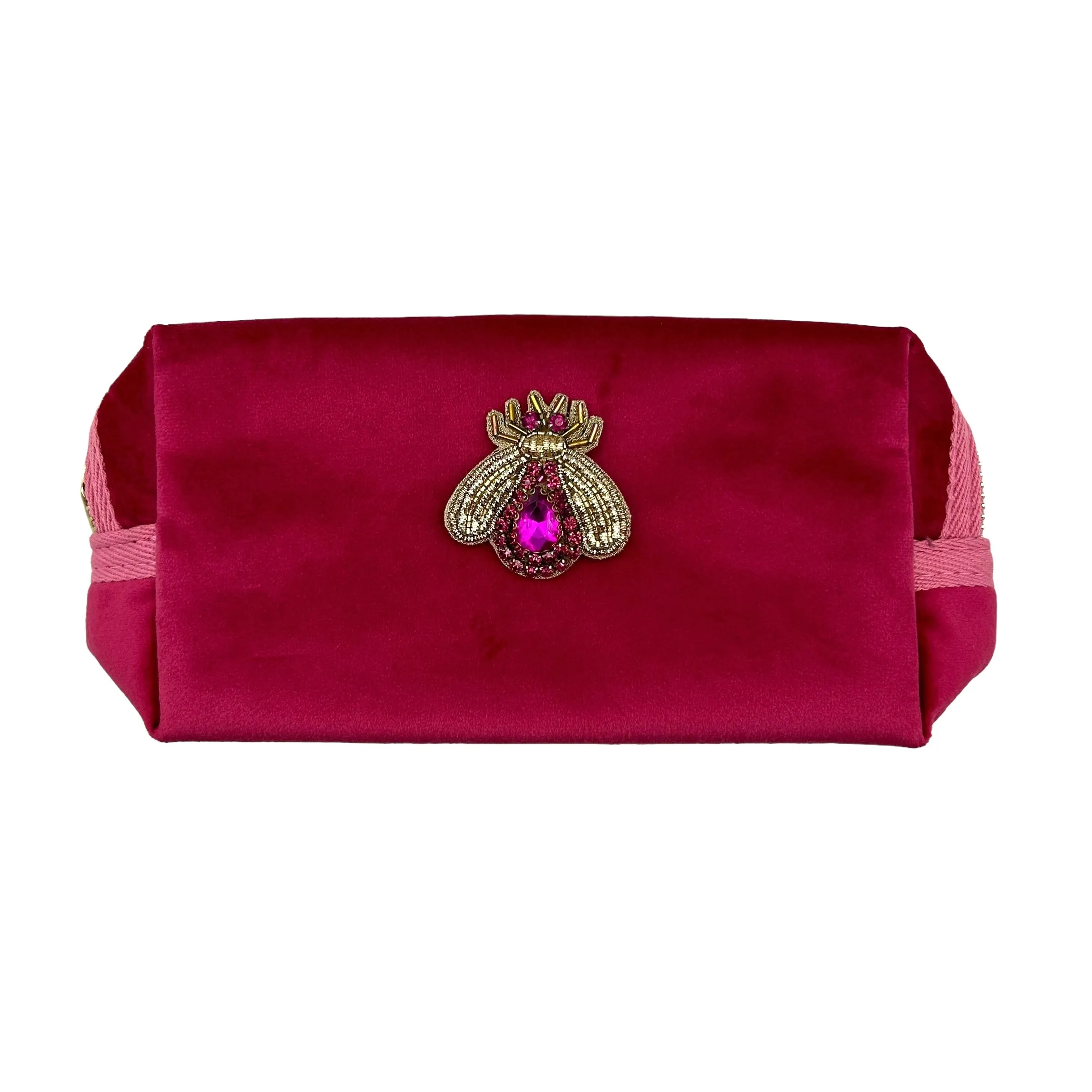 Bright pink make-up bag & jewelled insect - recycled velvet