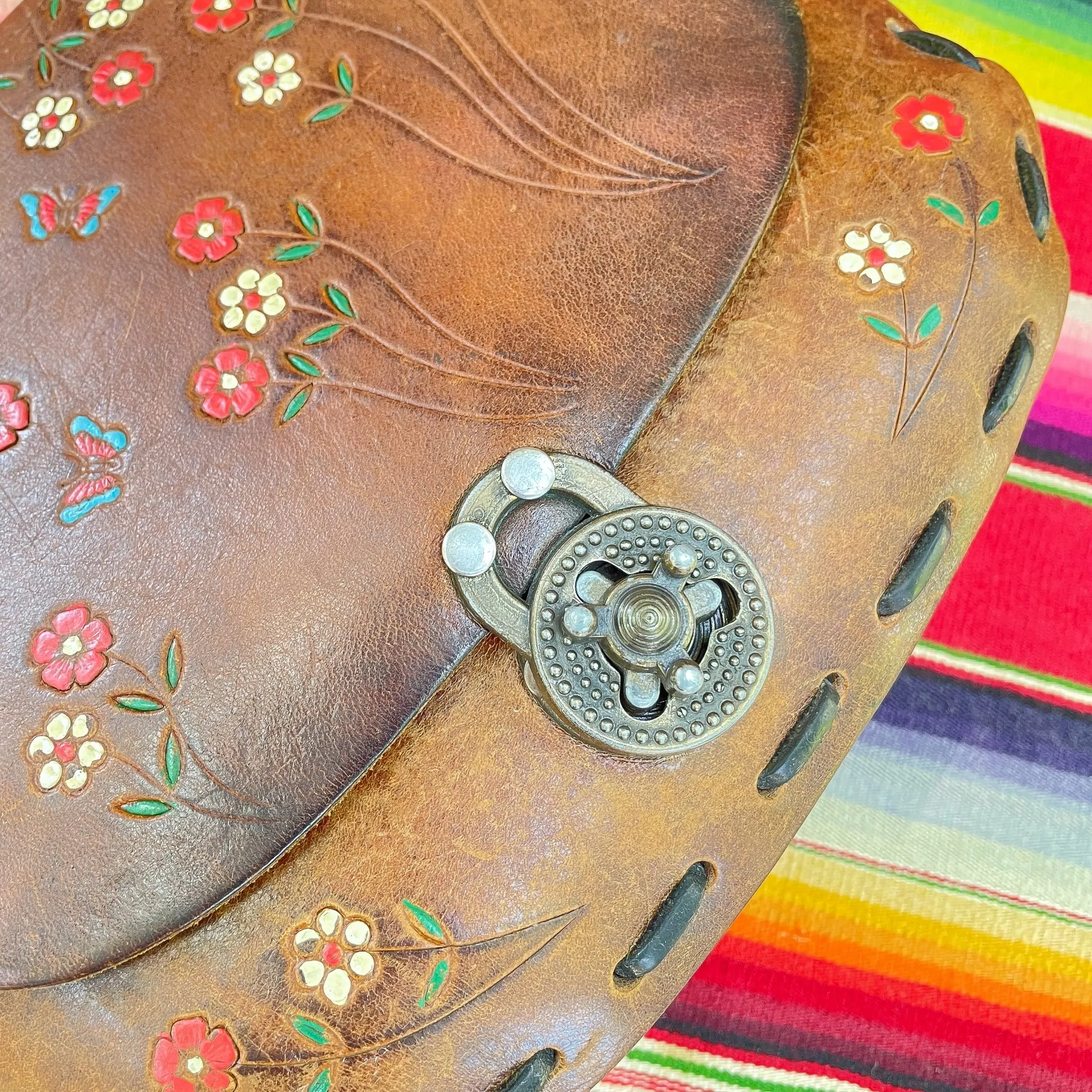 SOLD 60s/70s Tooled/Painted Flower/Butterfly Bag Inscribed Heather, Hippie Shoulder Bag