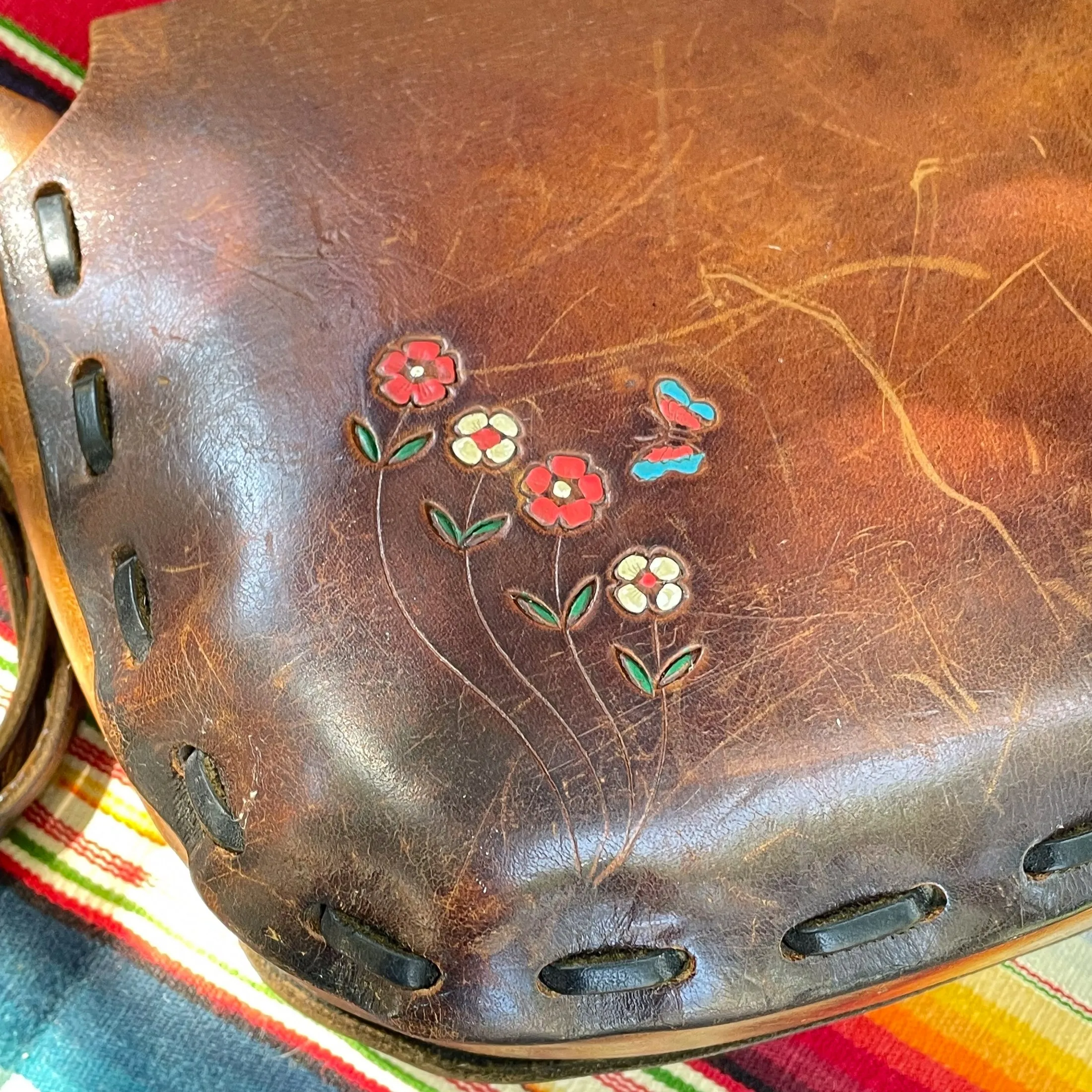 SOLD 60s/70s Tooled/Painted Flower/Butterfly Bag Inscribed Heather, Hippie Shoulder Bag