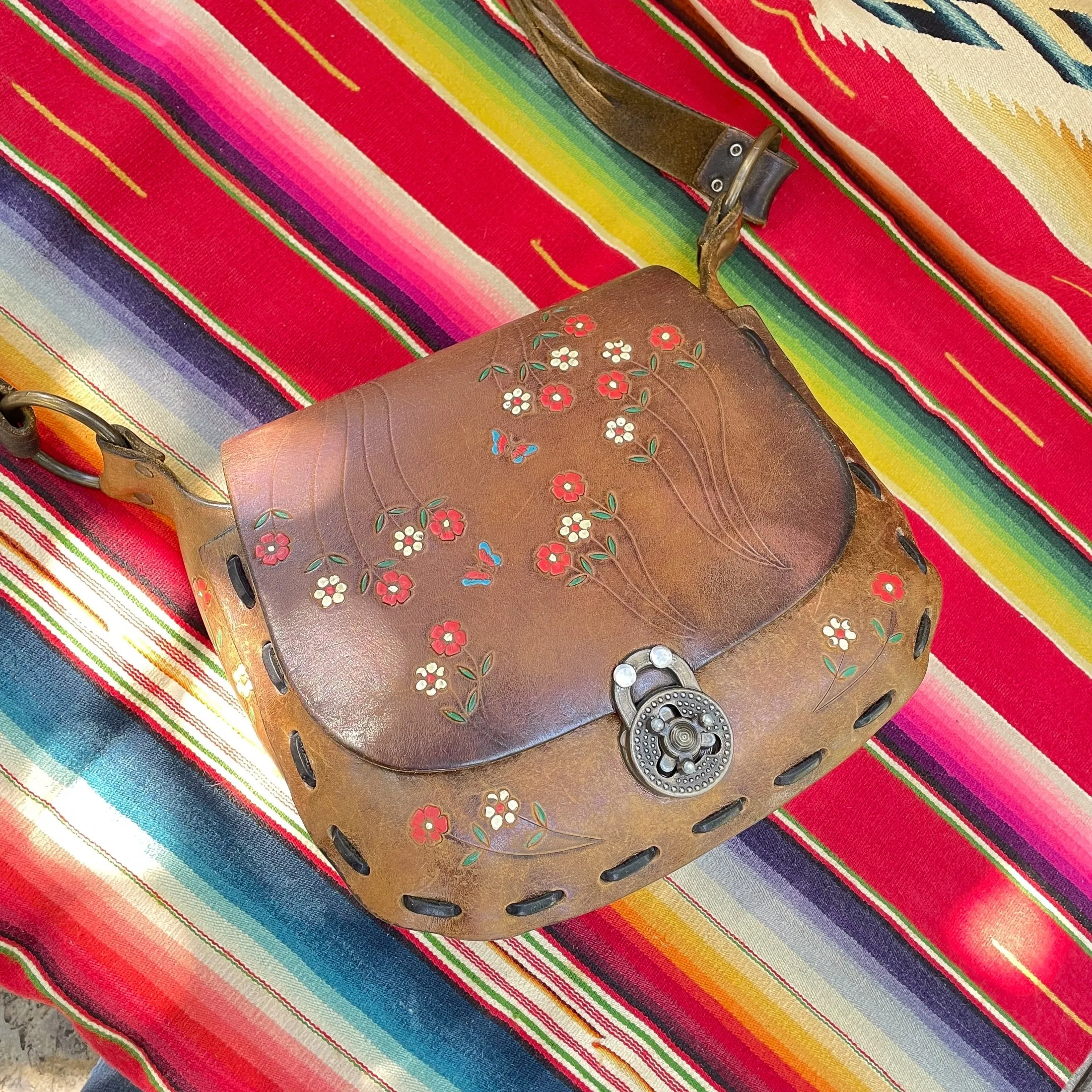 SOLD 60s/70s Tooled/Painted Flower/Butterfly Bag Inscribed Heather, Hippie Shoulder Bag