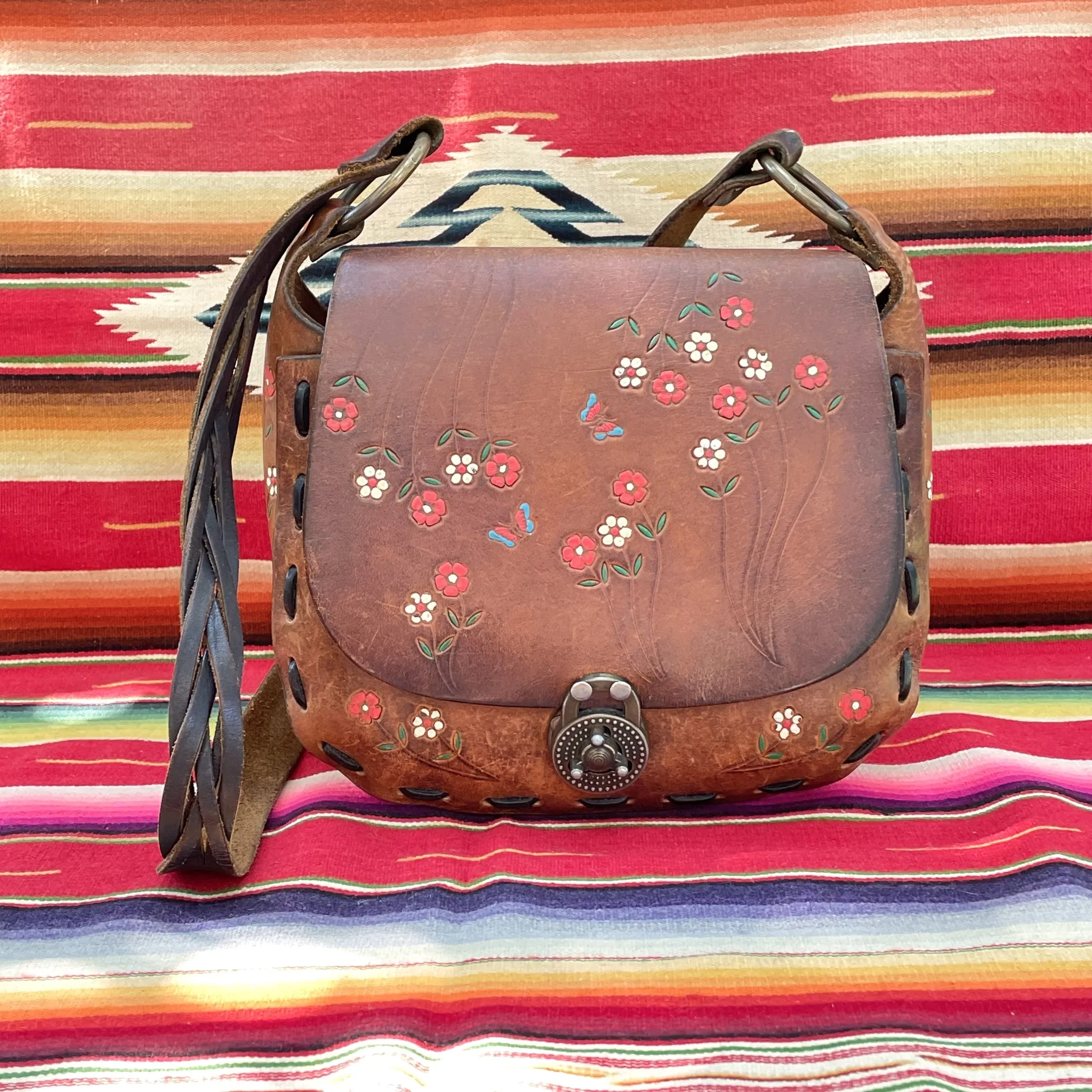 SOLD 60s/70s Tooled/Painted Flower/Butterfly Bag Inscribed Heather, Hippie Shoulder Bag