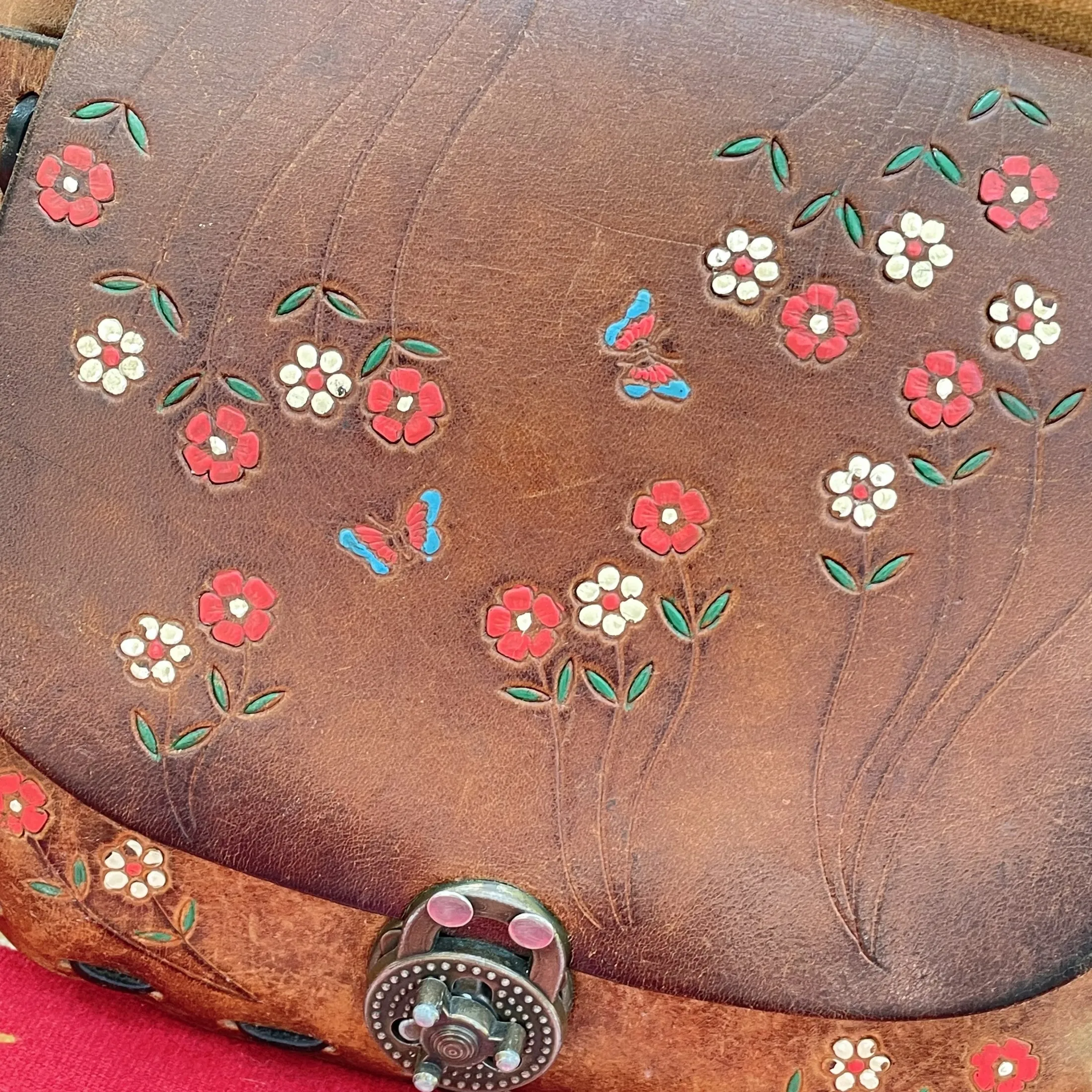 SOLD 60s/70s Tooled/Painted Flower/Butterfly Bag Inscribed Heather, Hippie Shoulder Bag