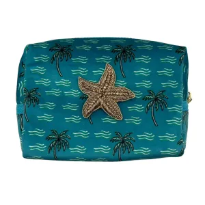 Teal palm large make-up bag & a starfish brooch - recycled velvet, large and small